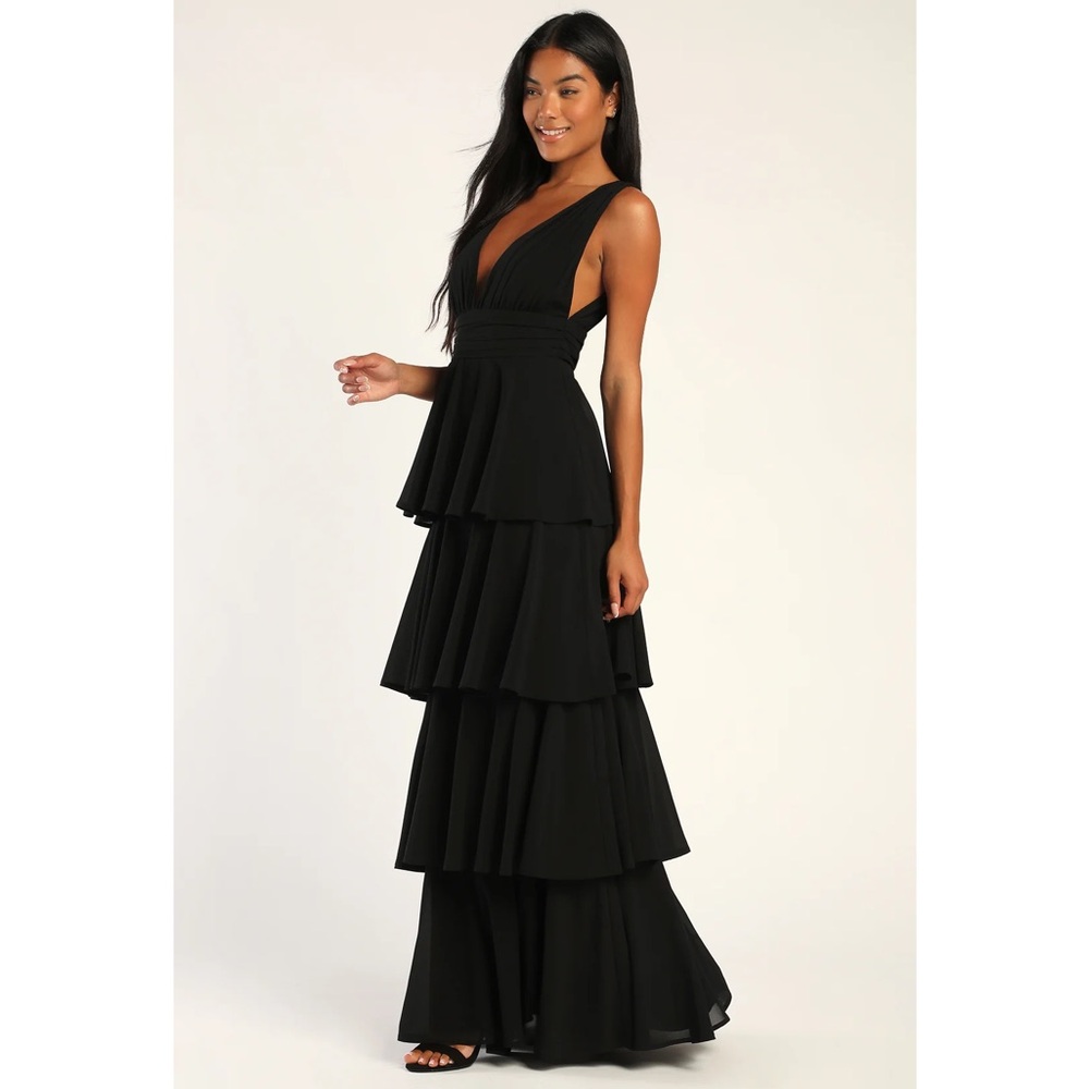 Lulus Amazing Evening Black V-Neck Tiered Maxi Dress Wedding Attire Medium